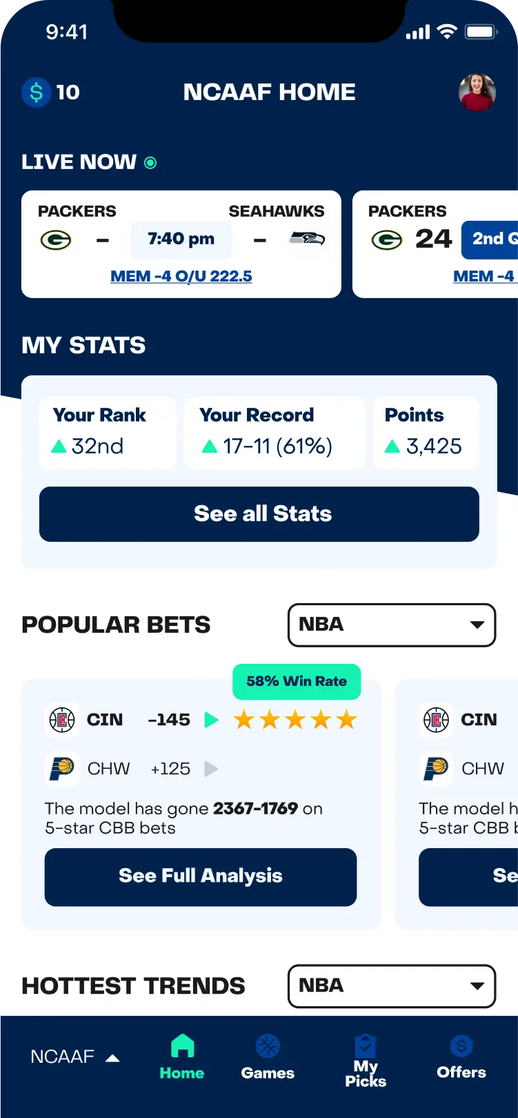 ios Mobile application showing the new BetQL branding + UI