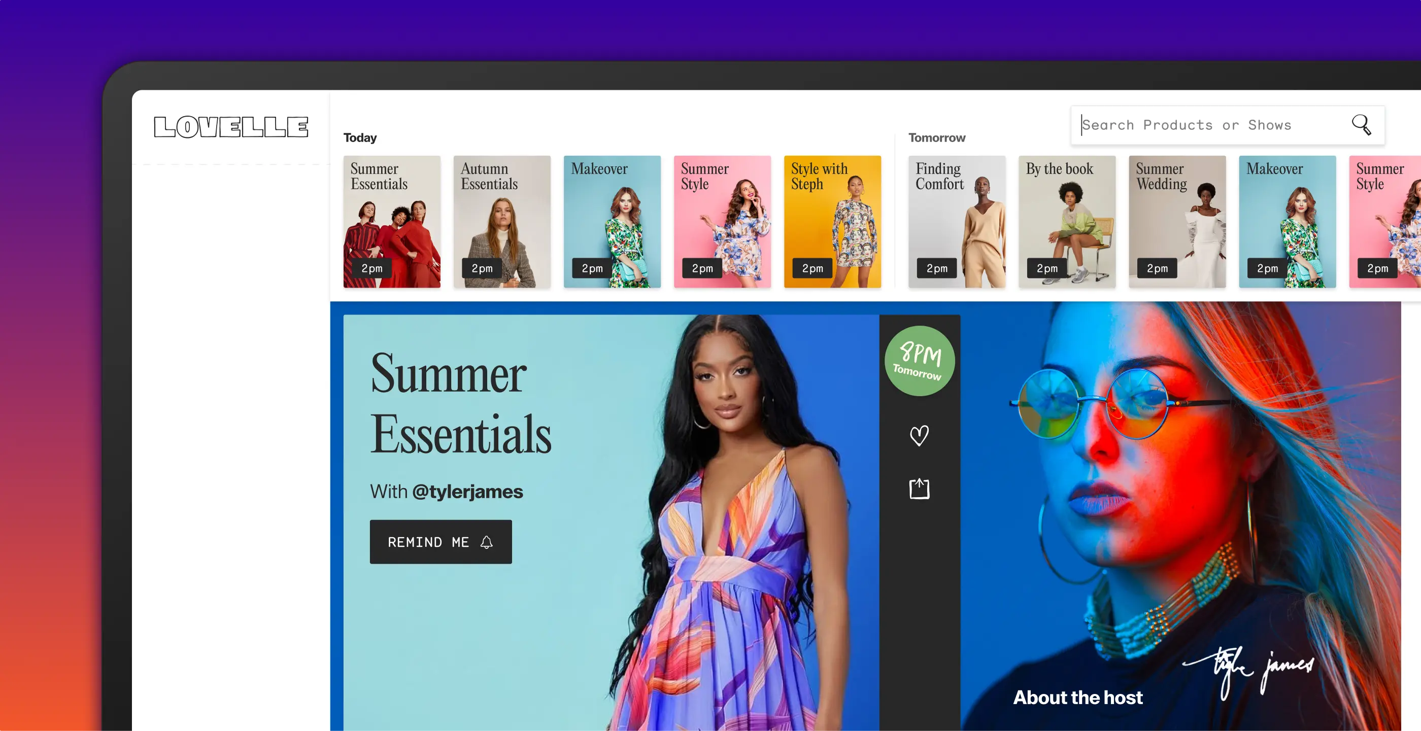 QVC case study - Lovelle web application showing scheduled video content and shoppable product cards.